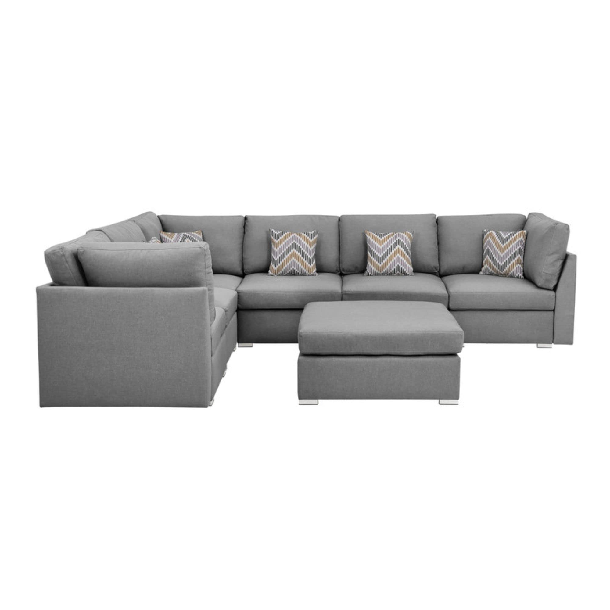 Lilola Home Amira Gray Fabric Reversible Modular Sectional Sofa with Ottoman and Pillows